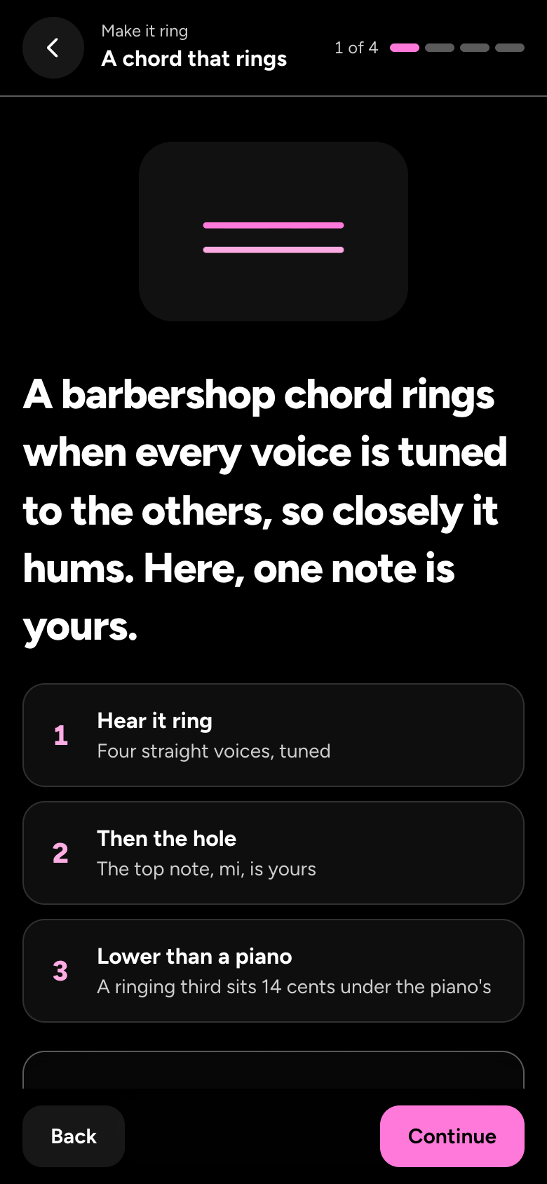 A chord that rings, the first lesson: hear four straight voices ring, then a hole in the chord where the top note, mi, is yours.