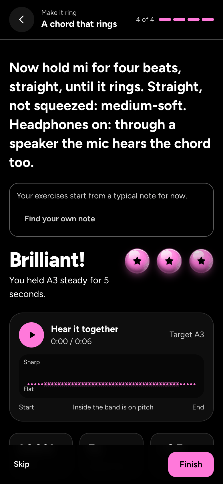 Holding mi until it rings: 100% on pitch, a steady A3 for five seconds, and Hear it together with the chord.