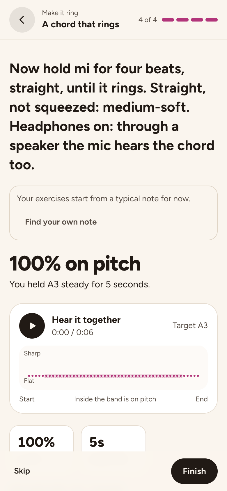 Holding mi until it rings: 100% on pitch, a steady A3 for five seconds, and Hear it together with the chord.