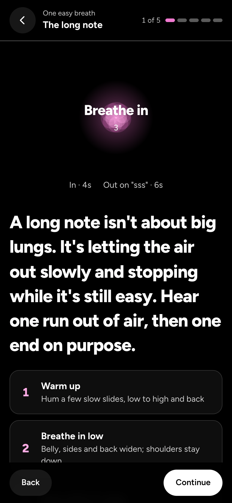 Breath and stamina's first lesson, The long note: a breathing flower, and why a long note is about letting the air out slowly.