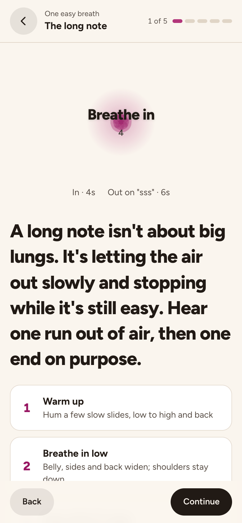 Breath and stamina's first lesson, The long note: a breathing flower, and why a long note is about letting the air out slowly.