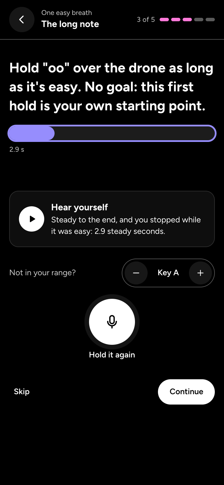 A first hold of "oo": a bar showing 2.9 steady seconds, and Hear yourself saying it stayed steady and stopped while it was easy.