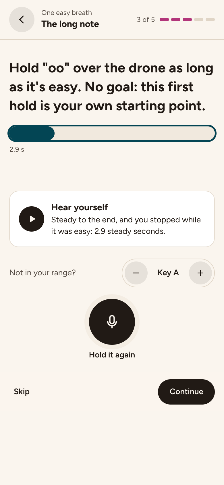 A first hold of "oo": a bar showing 2.9 steady seconds, and Hear yourself saying it stayed steady and stopped while it was easy.