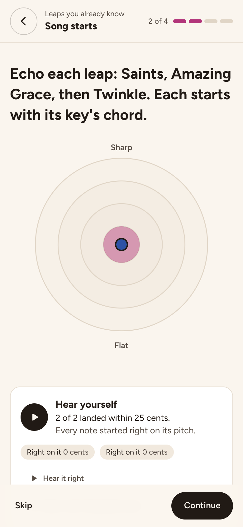 Echoing the song-start leaps on the Bullseye board: a dart in the centre, each landing in cents, and Hear it right to hear the leap.
