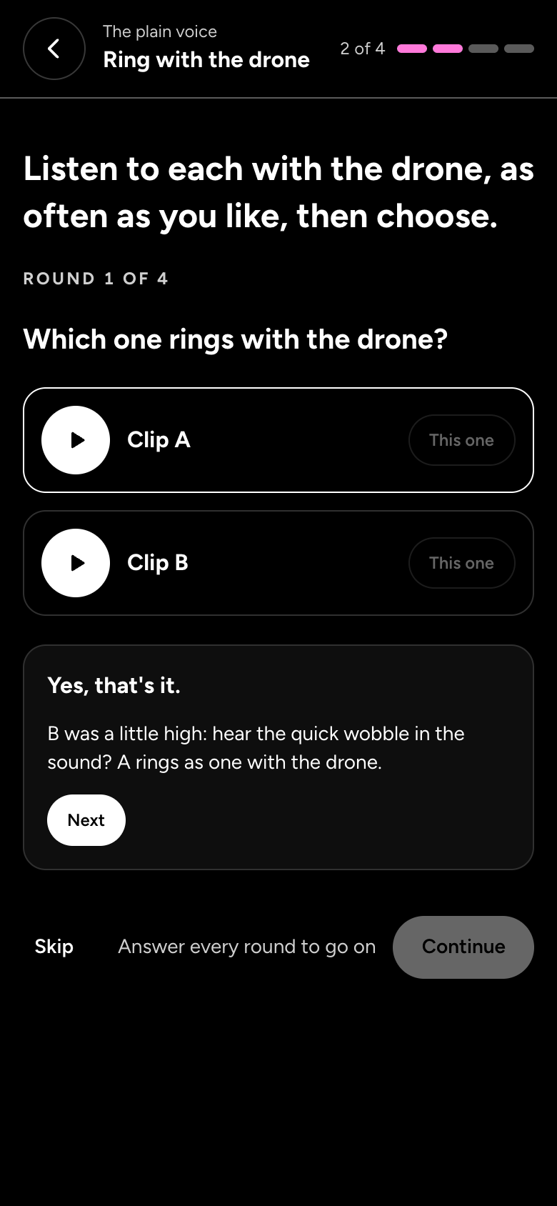 Ring with the drone: two clips to compare, and an answer explaining the quick wobble of a note a little high.