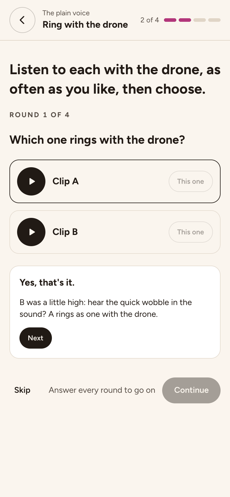 Ring with the drone: two clips to compare, and an answer explaining the quick wobble of a note a little high.