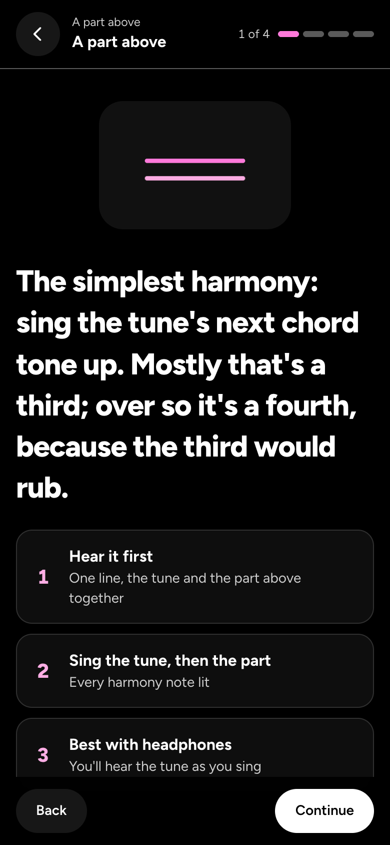 The first lesson's card: sing the tune's next chord tone up, mostly a third and a fourth over so, best with headphones.
