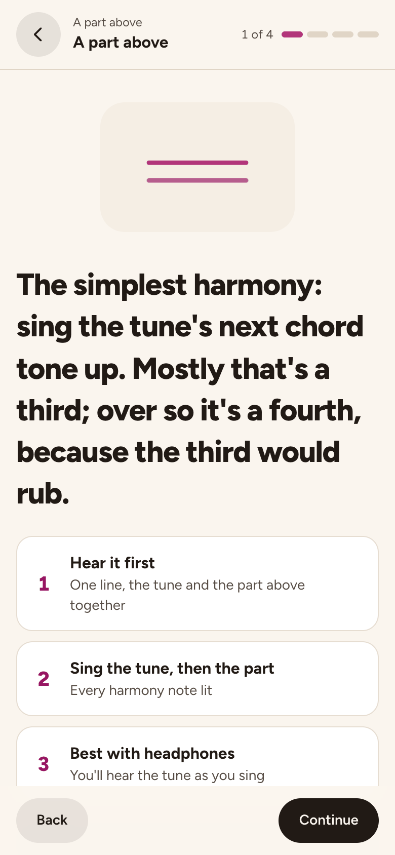 The first lesson's card: sing the tune's next chord tone up, mostly a third and a fourth over so, best with headphones.