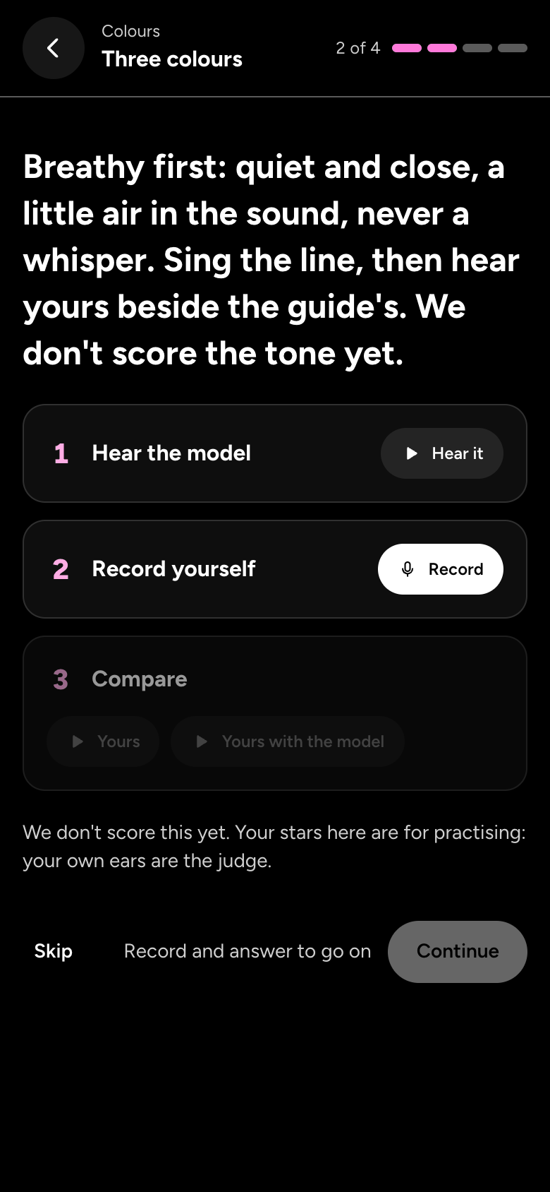 Three colours: hear the breathy model, record yourself, then compare, with a note that tone isn't scored yet.