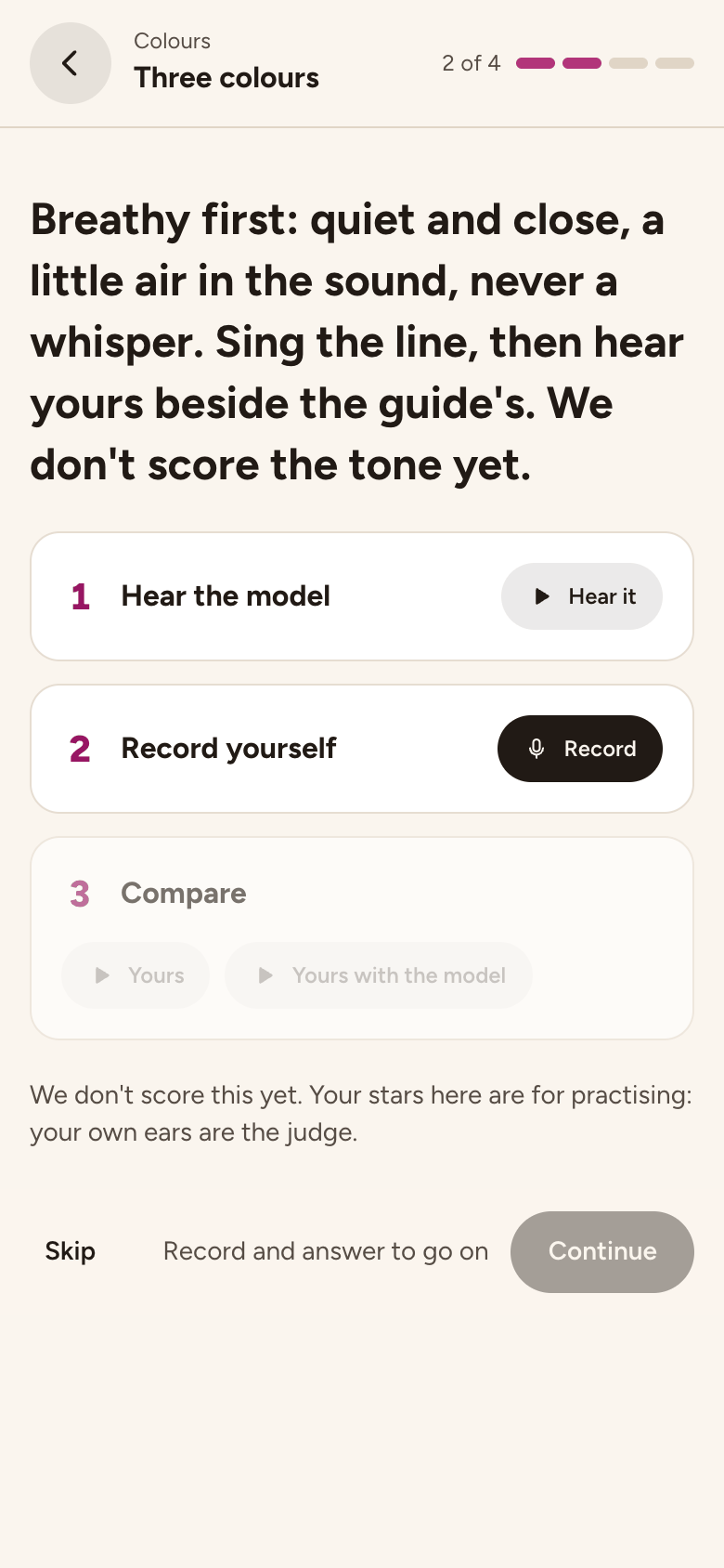 Three colours: hear the breathy model, record yourself, then compare, with a note that tone isn't scored yet.