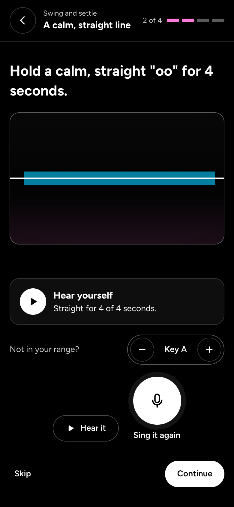 A calm, straight line: a held "oo" drawn flat along its target, and Hear yourself saying "Straight for 4 of 4 seconds."