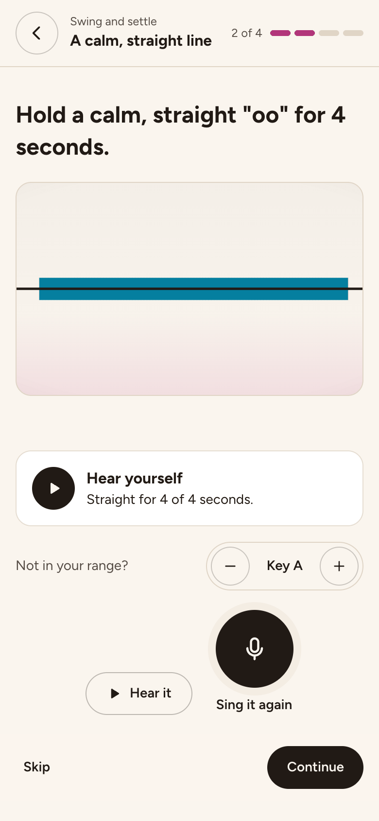A calm, straight line: a held "oo" drawn flat along its target, and Hear yourself saying "Straight for 4 of 4 seconds."