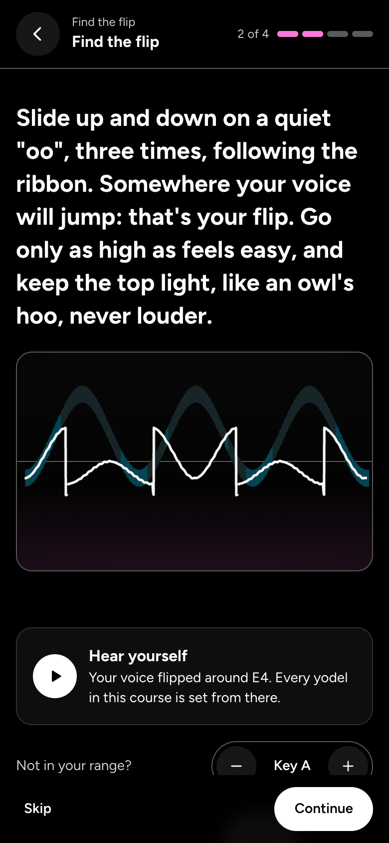 Find the flip: your siren drawn over the ribbon, the jumps marked, and a note that your voice flipped around E4.