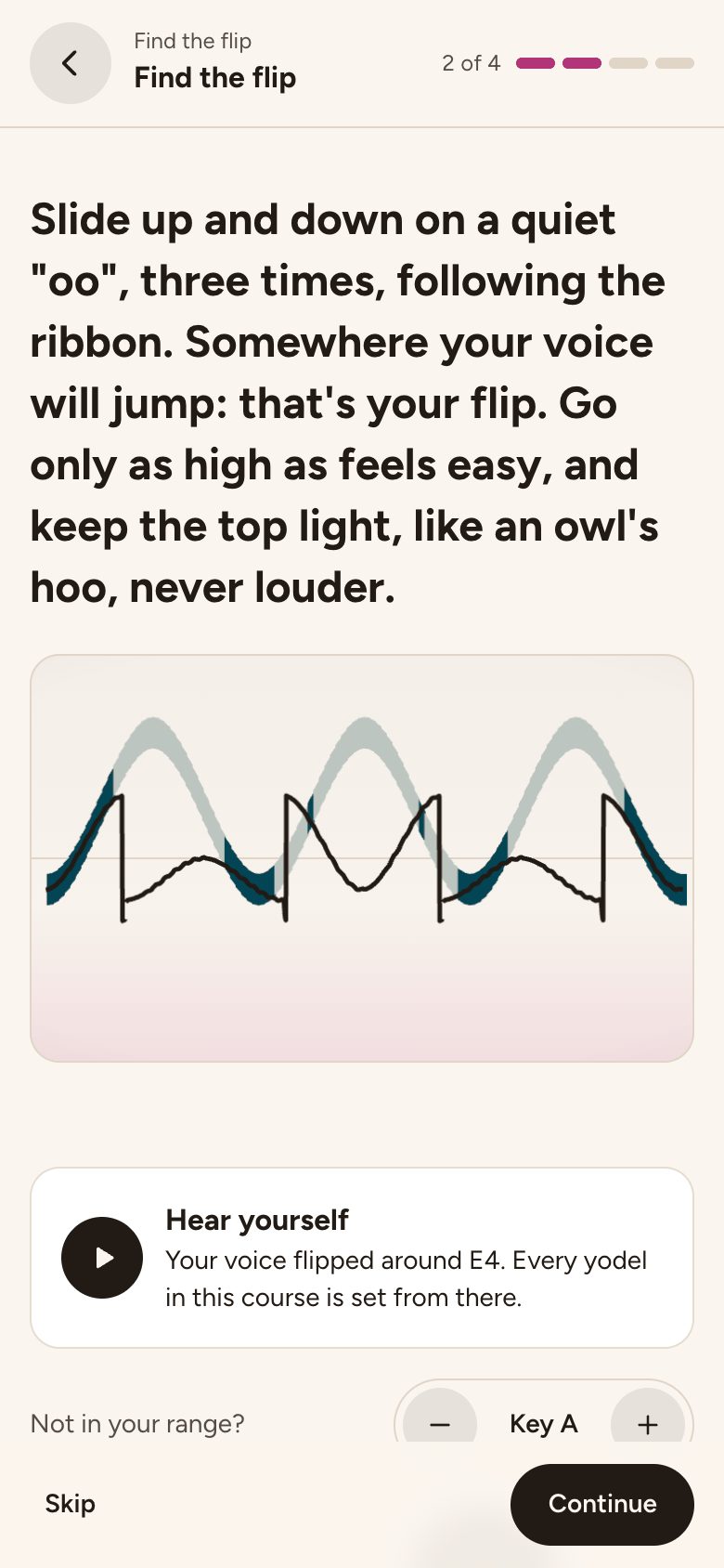 Find the flip: your siren drawn over the ribbon, the jumps marked, and a note that your voice flipped around E4.