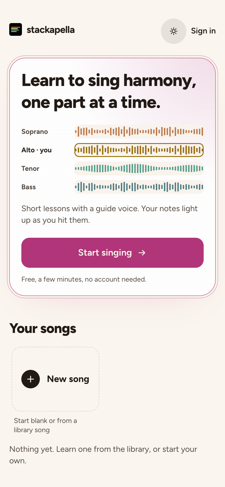 The home screen: the course and your songs