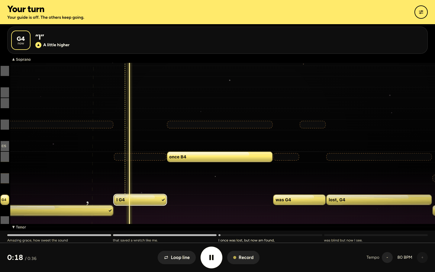 The Sing screen: the part's notes as shapes on a lane with their words, the note to sing now, and each note ticked as you hit it.