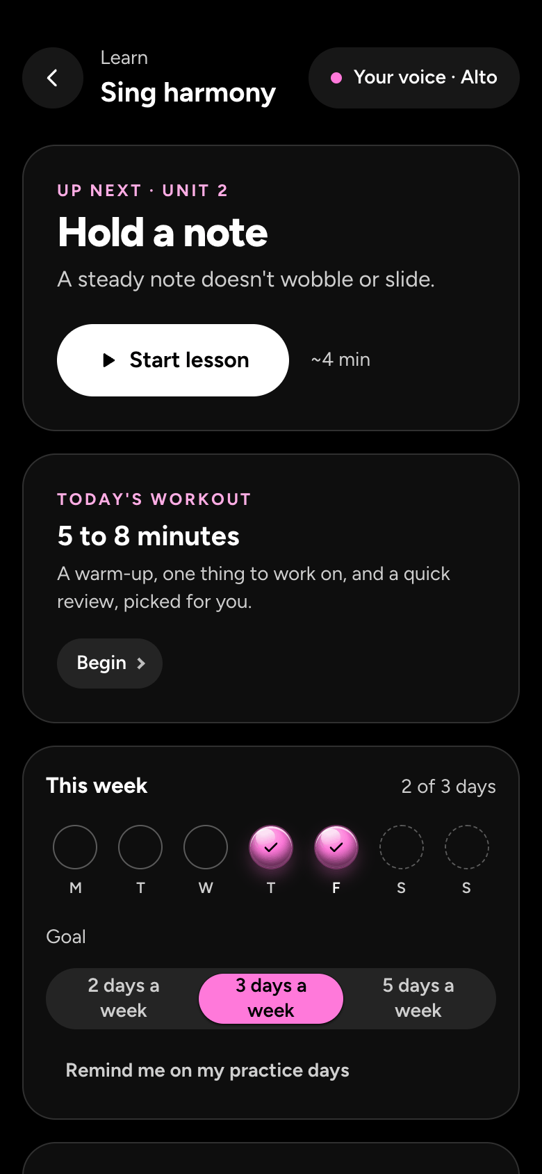 The course map in the app: the next lesson, today's workout, and the week's days with your goal.