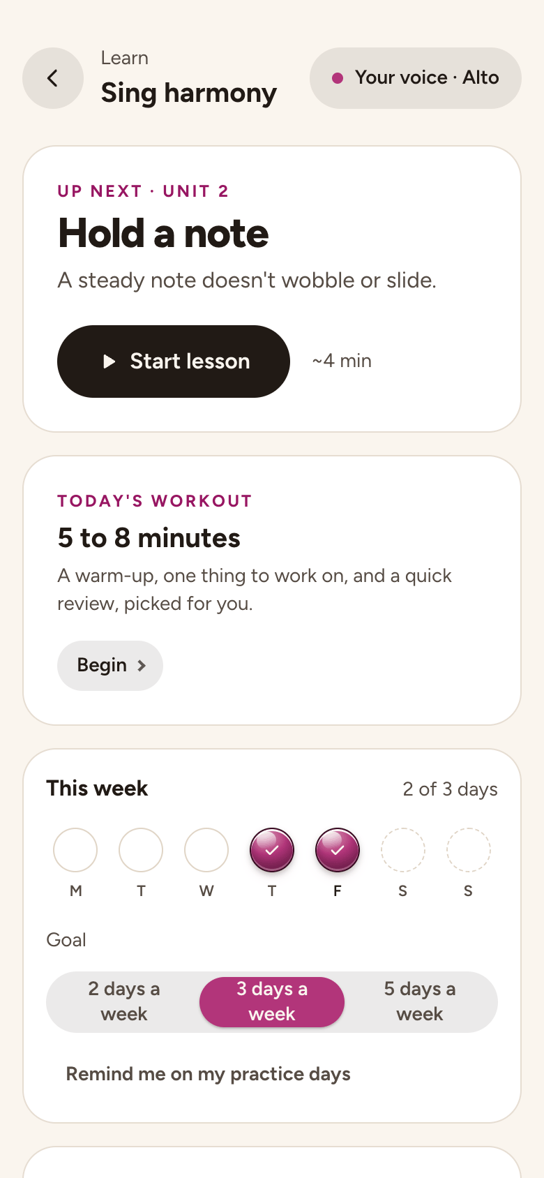 The course map in the app: the next lesson, today's workout, and the week's days with your goal.